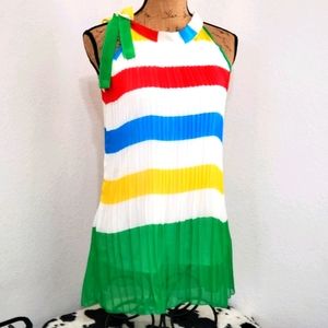 MINUMI Red Blue Yellow Green stripe color block Pleats bow detail lined• /L